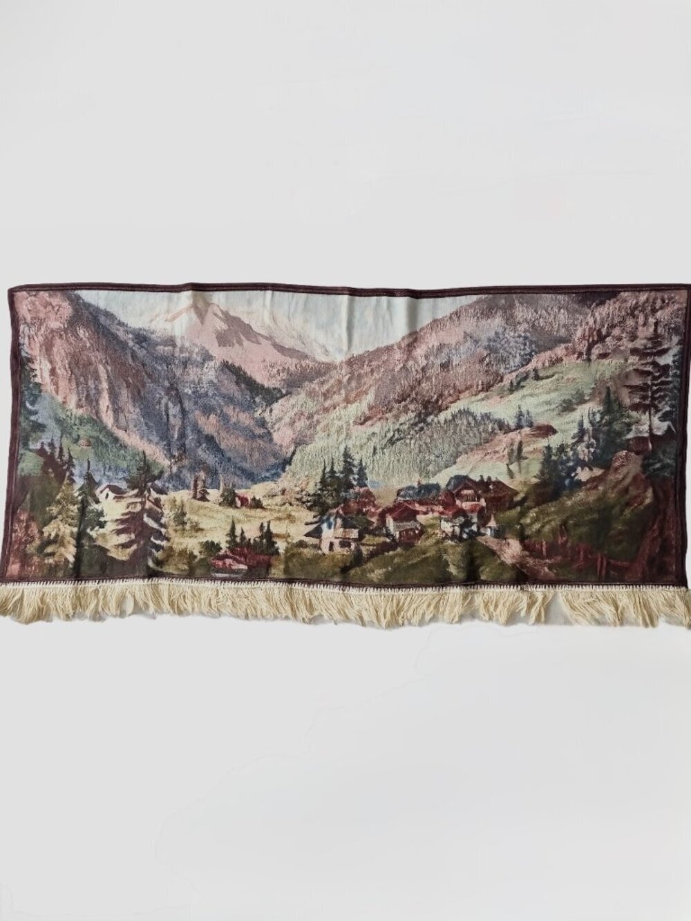 Vintage French Aubusson Woven Jacquard 59" x 27" Alpine Village Tapestry